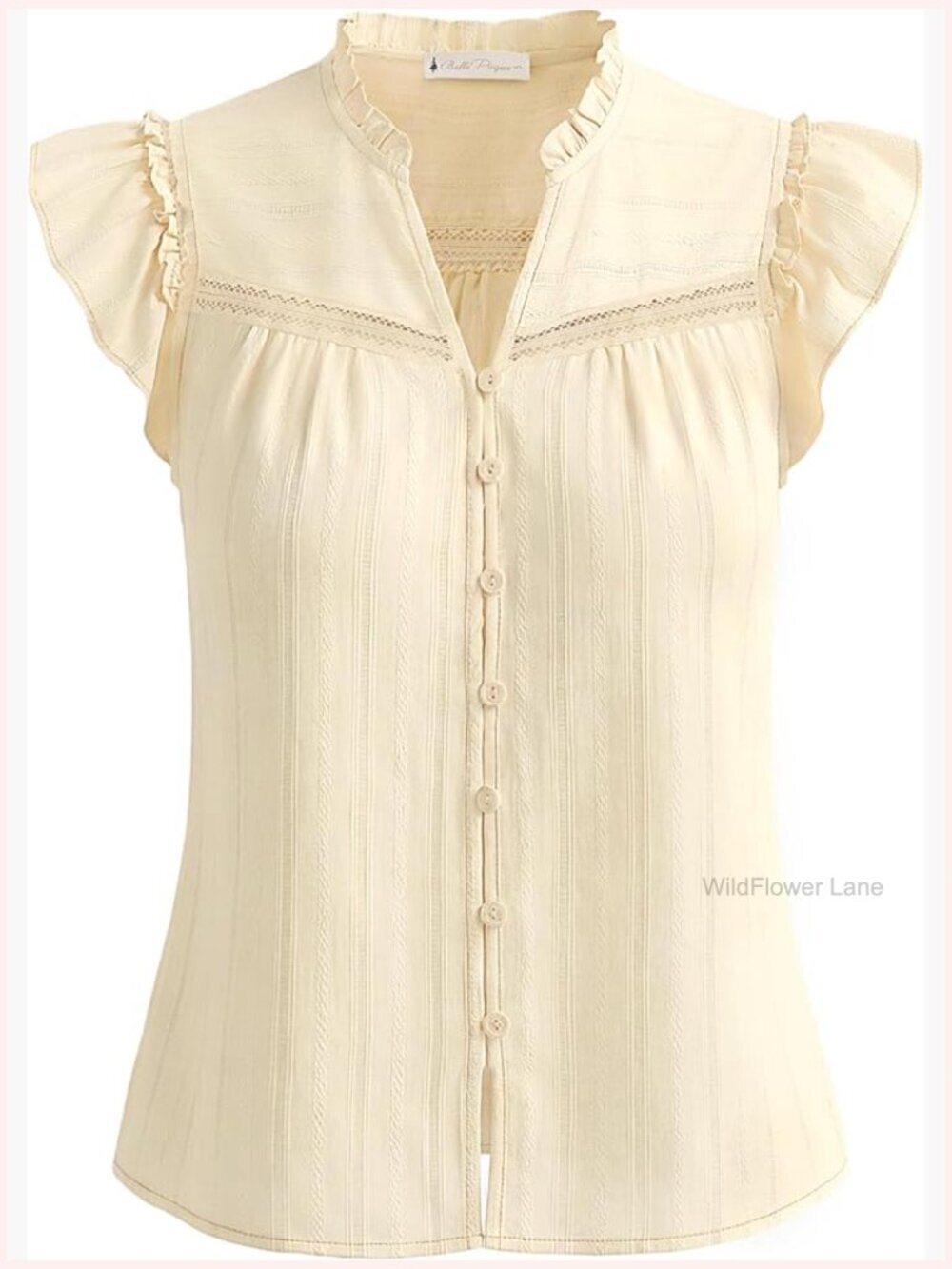 Womens Ruffle Sleeve Cotton V Neck Button Down Lace Blouses Dressy Casual Top